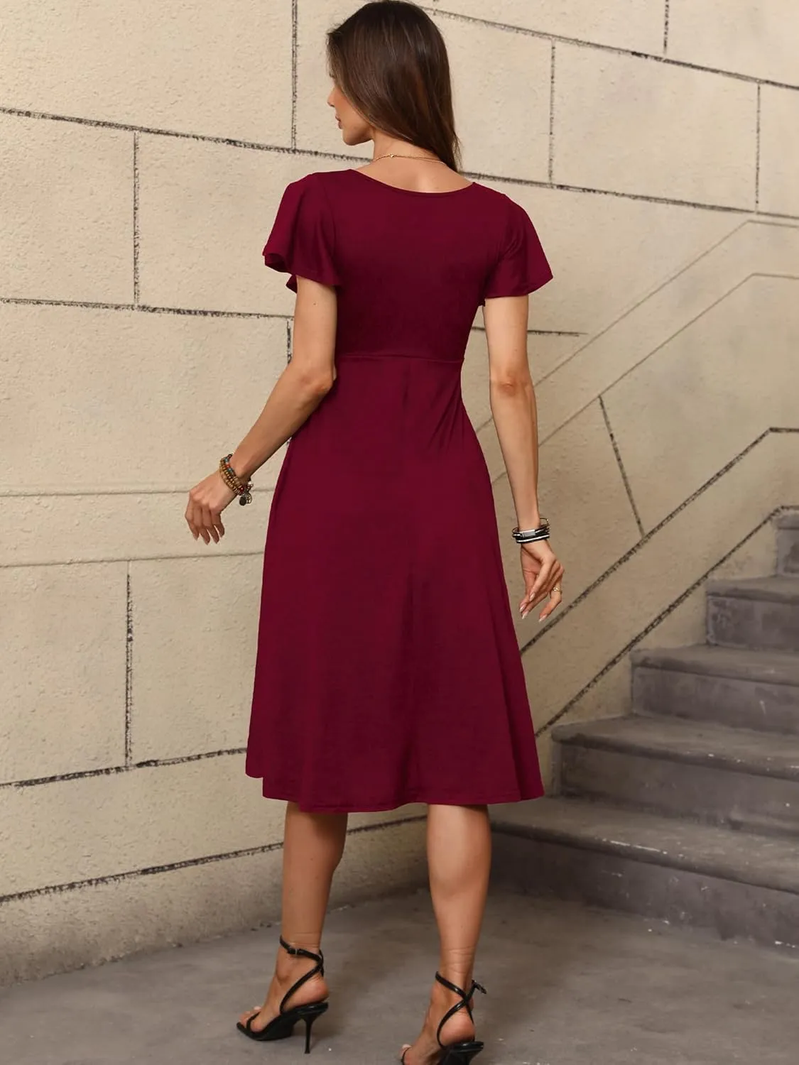 Women's Spring Summer Casual Ruffle Short Sleeve Wrap V-Neck A-Line Loose Fit Swing Party Midi Dress with Pockets