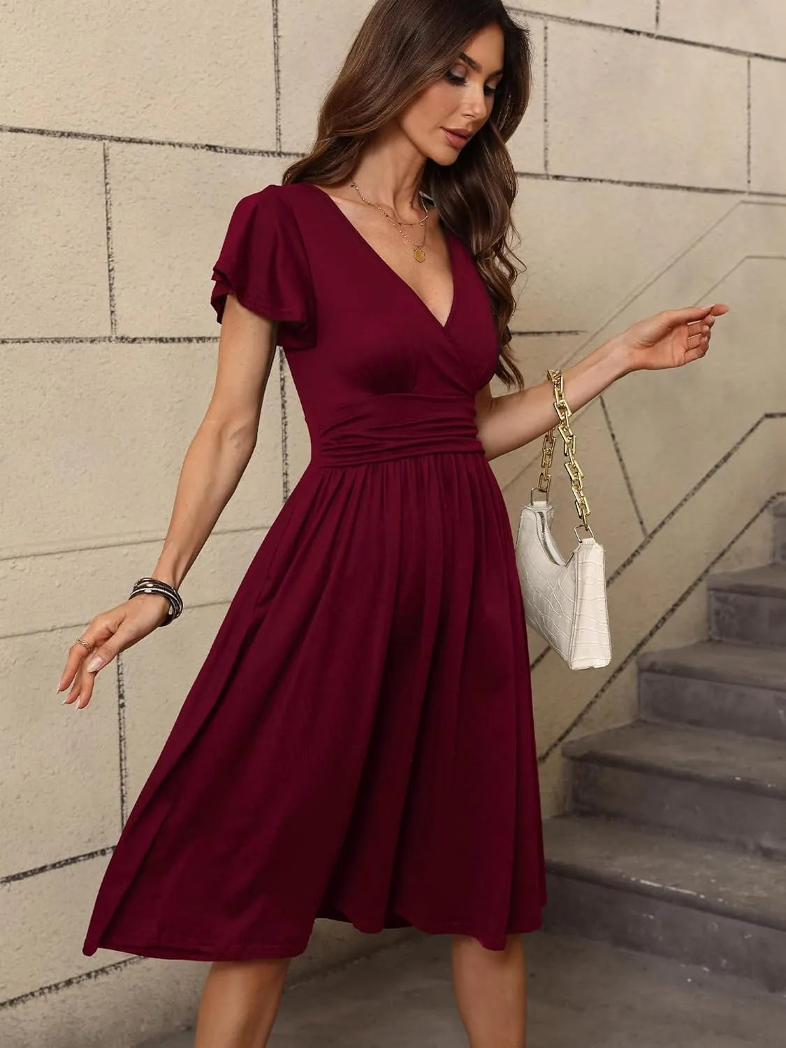 Women's Spring Summer Casual Ruffle Short Sleeve Wrap V-Neck A-Line Loose Fit Swing Party Midi Dress with Pockets