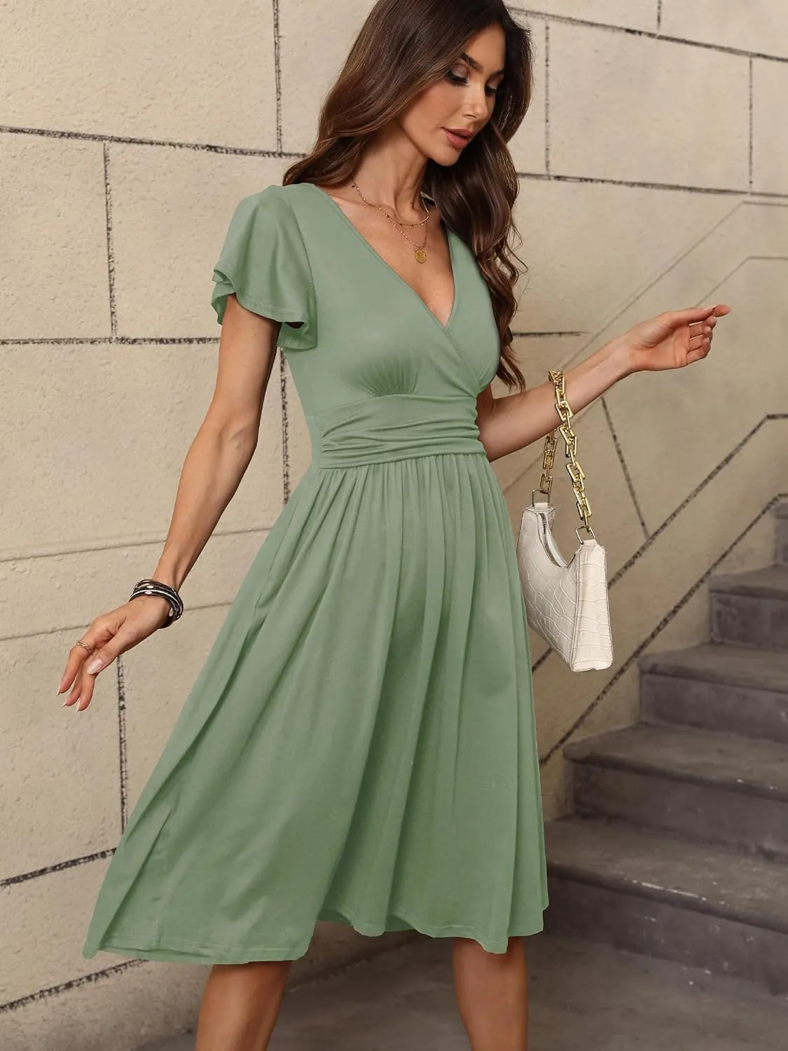 Women's Spring Summer Casual Ruffle Short Sleeve Wrap V-Neck A-Line Loose Fit Swing Party Midi Dress with Pockets