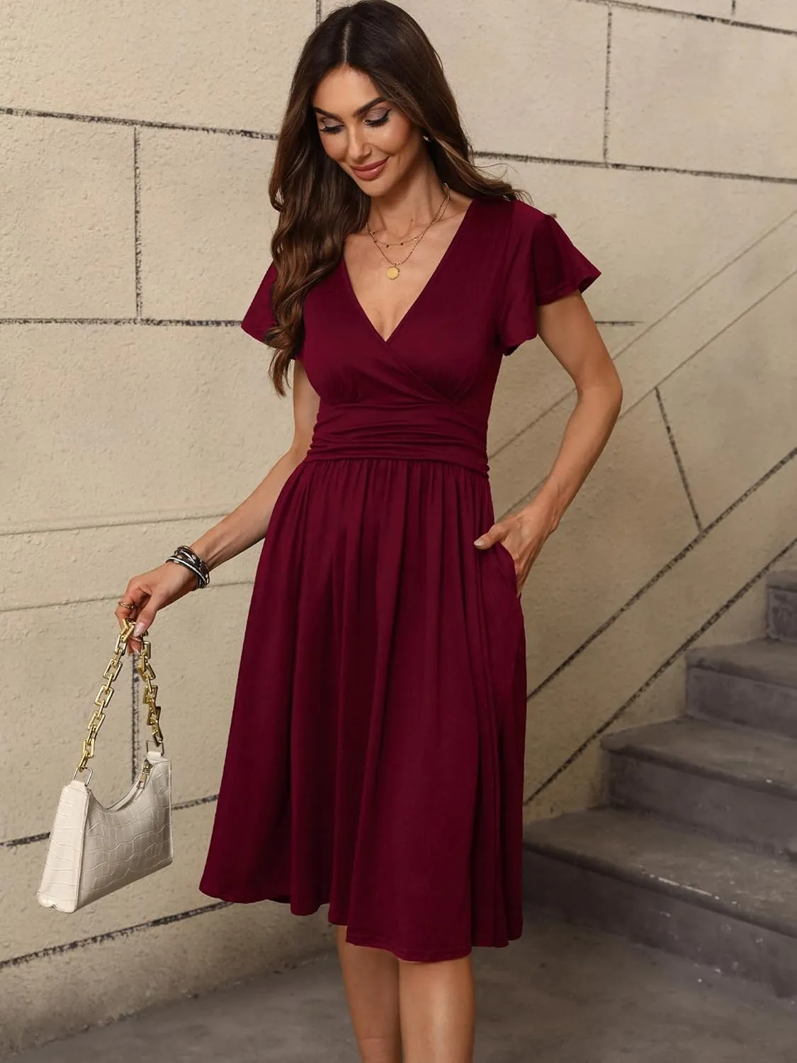 Women's Spring Summer Casual Ruffle Short Sleeve Wrap V-Neck A-Line Loose Fit Swing Party Midi Dress with Pockets