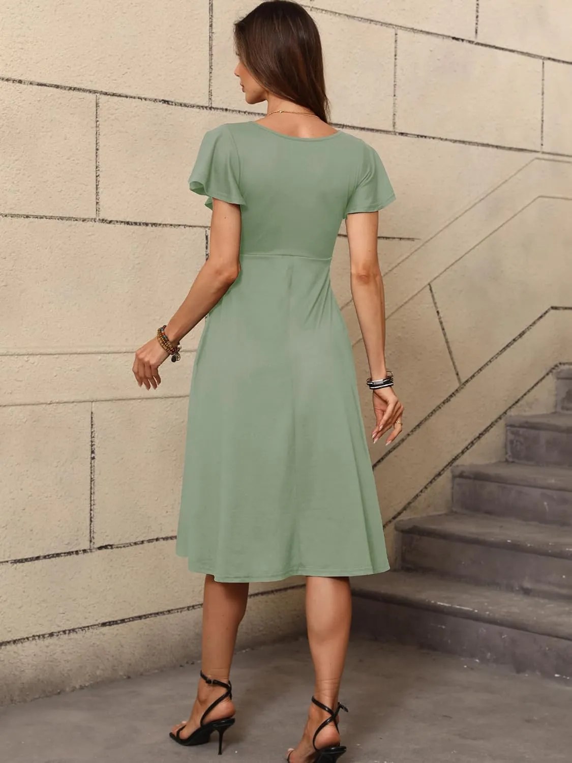 Women's Spring Summer Casual Ruffle Short Sleeve Wrap V-Neck A-Line Loose Fit Swing Party Midi Dress with Pockets