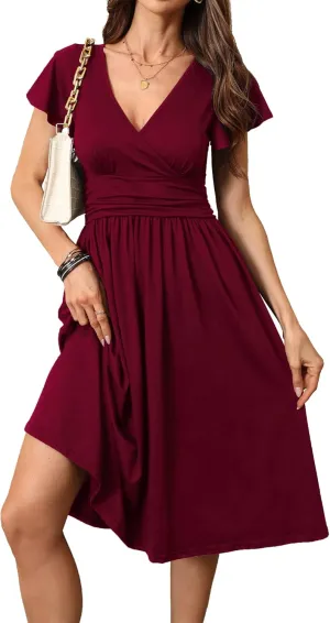 Women's Spring Summer Casual Ruffle Short Sleeve Wrap V-Neck A-Line Loose Fit Swing Party Midi Dress with Pockets