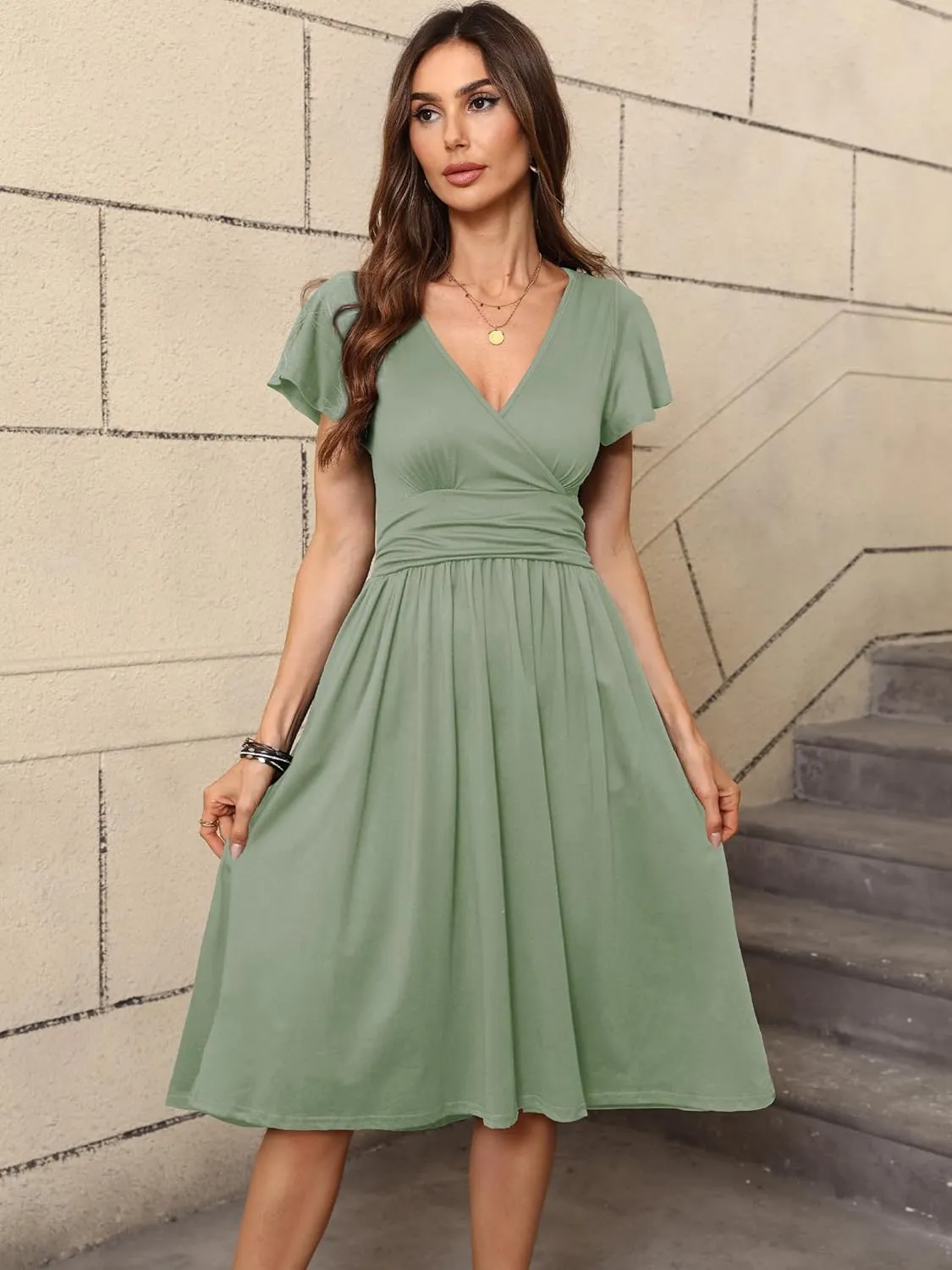 Women's Spring Summer Casual Ruffle Short Sleeve Wrap V-Neck A-Line Loose Fit Swing Party Midi Dress with Pockets