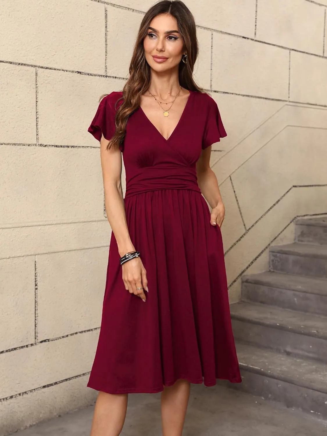 Women's Spring Summer Casual Ruffle Short Sleeve Wrap V-Neck A-Line Loose Fit Swing Party Midi Dress with Pockets