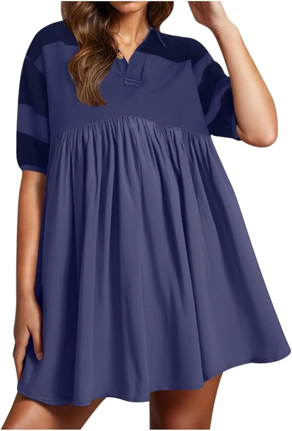 Womens Stripe Lapel Henley Neck Sweatshirt Dress Short Sleeve Drop Shoulder Color Block Ruffle Patchwork Mini Dress
