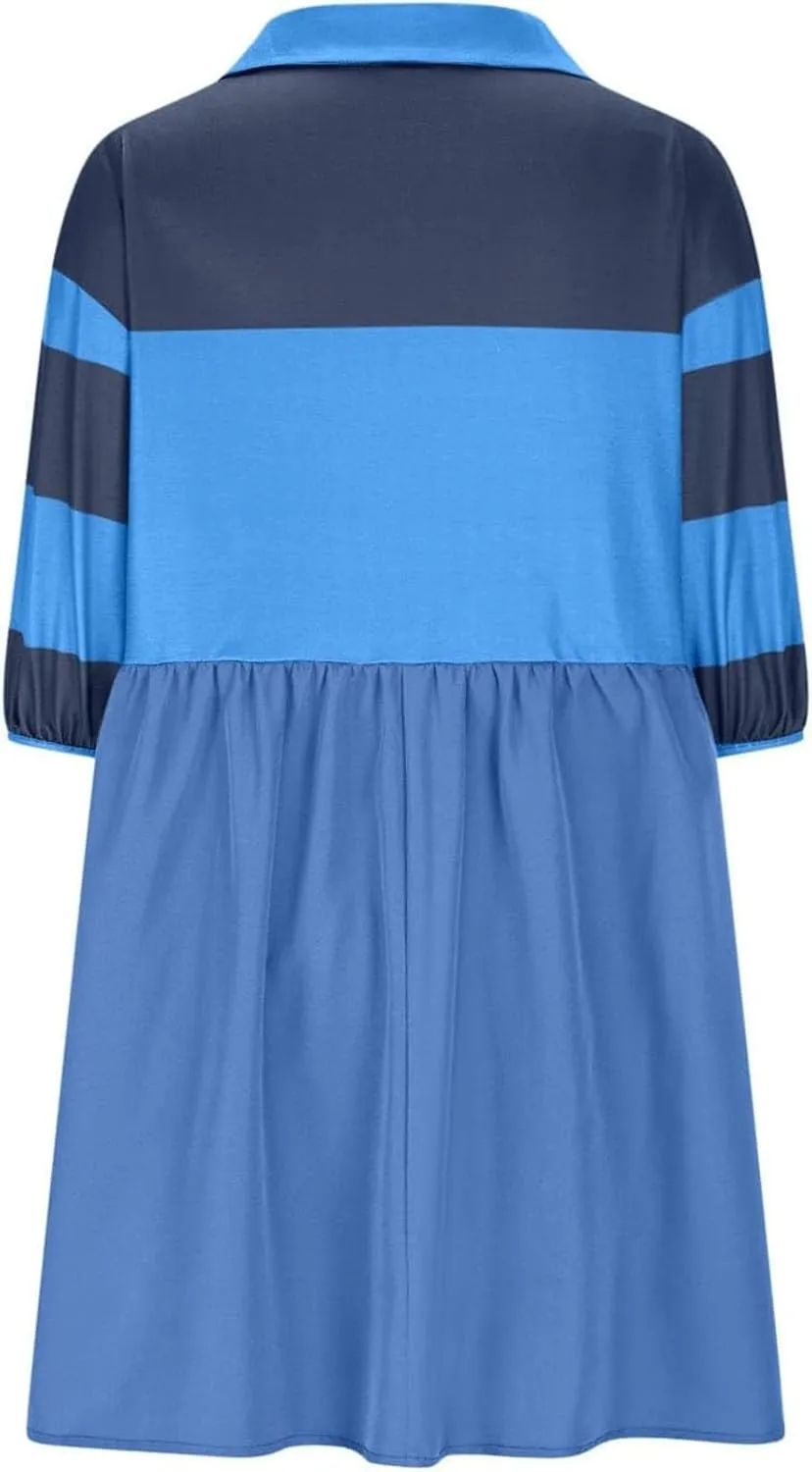 Womens Stripe Lapel Henley Neck Sweatshirt Dress Short Sleeve Drop Shoulder Color Block Ruffle Patchwork Mini Dress