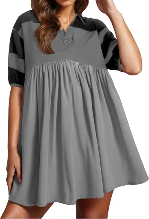 Womens Stripe Lapel Henley Neck Sweatshirt Dress Short Sleeve Drop Shoulder Color Block Ruffle Patchwork Mini Dress