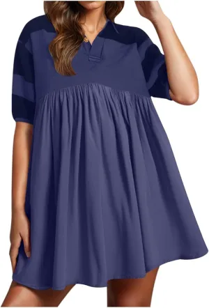 Womens Stripe Lapel Henley Neck Sweatshirt Dress Short Sleeve Drop Shoulder Color Block Ruffle Patchwork Mini Dress