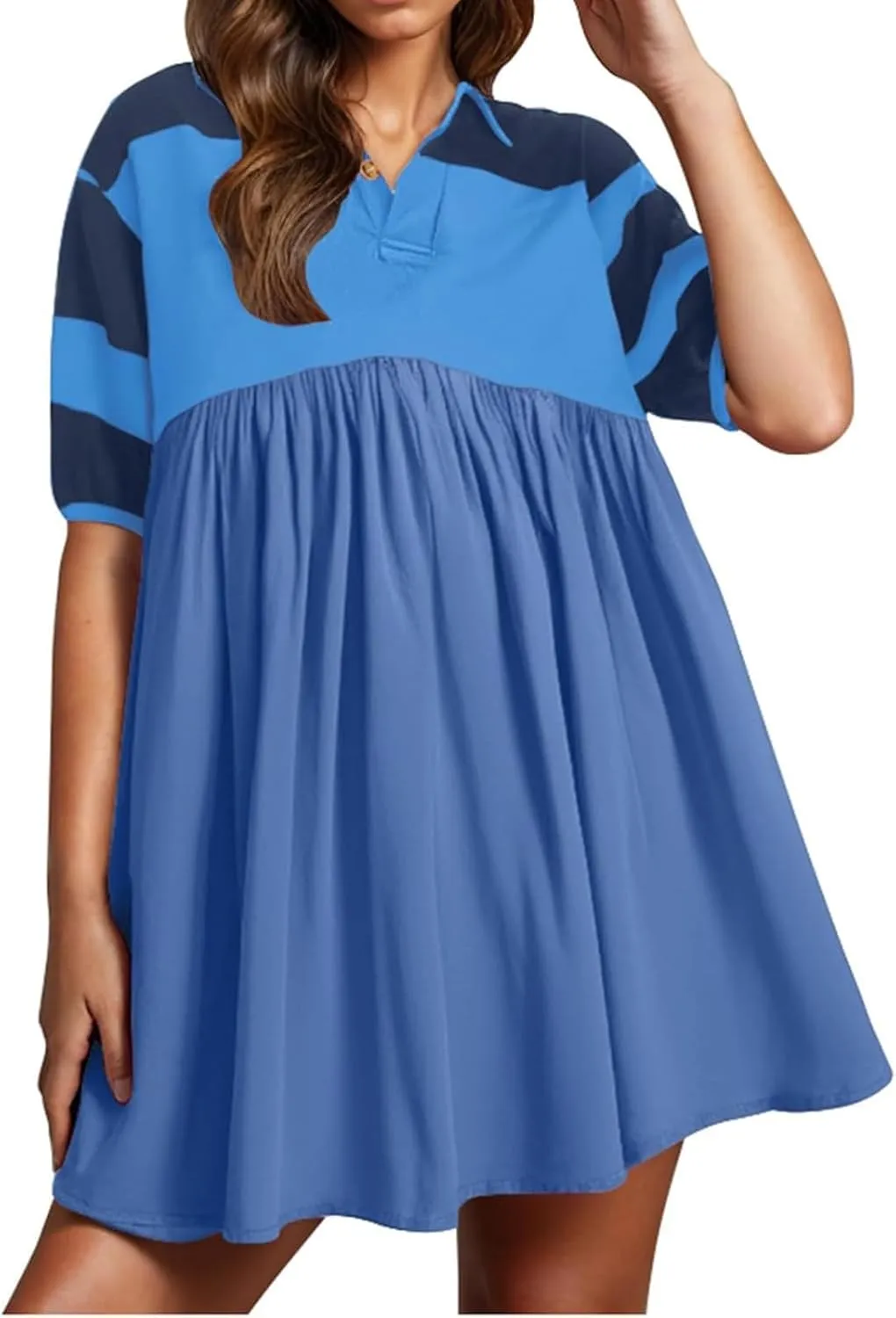 Womens Stripe Lapel Henley Neck Sweatshirt Dress Short Sleeve Drop Shoulder Color Block Ruffle Patchwork Mini Dress