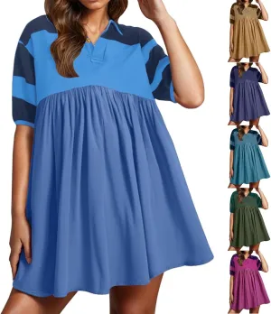 Womens Stripe Lapel Henley Neck Sweatshirt Dress Short Sleeve Drop Shoulder Color Block Ruffle Patchwork Mini Dress