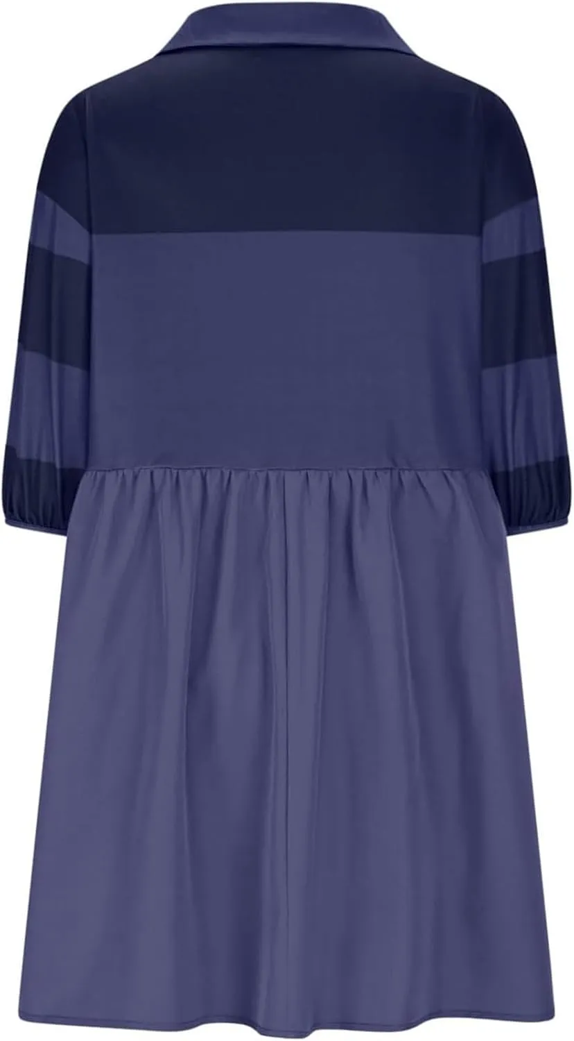 Womens Stripe Lapel Henley Neck Sweatshirt Dress Short Sleeve Drop Shoulder Color Block Ruffle Patchwork Mini Dress