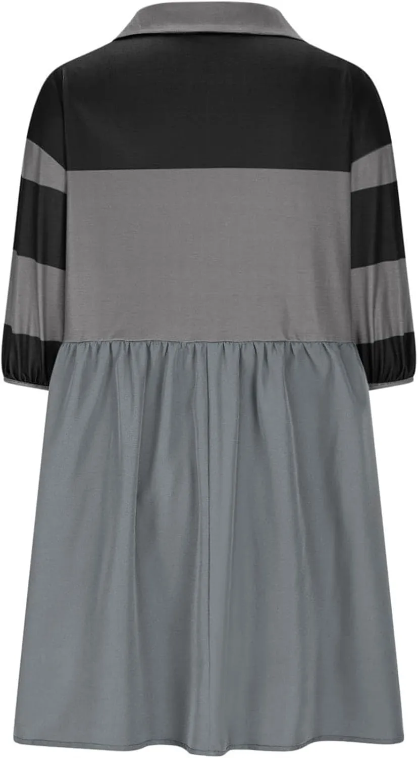 Womens Stripe Lapel Henley Neck Sweatshirt Dress Short Sleeve Drop Shoulder Color Block Ruffle Patchwork Mini Dress