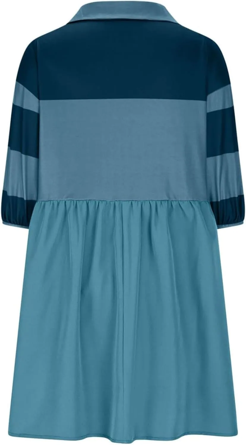 Womens Stripe Lapel Henley Neck Sweatshirt Dress Short Sleeve Drop Shoulder Color Block Ruffle Patchwork Mini Dress