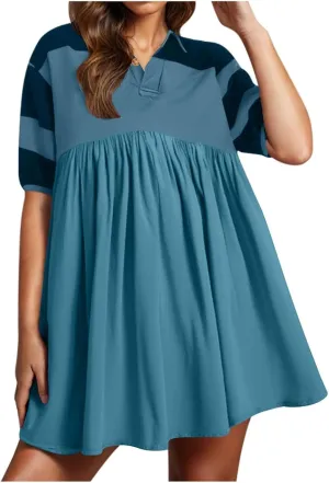 Womens Stripe Lapel Henley Neck Sweatshirt Dress Short Sleeve Drop Shoulder Color Block Ruffle Patchwork Mini Dress