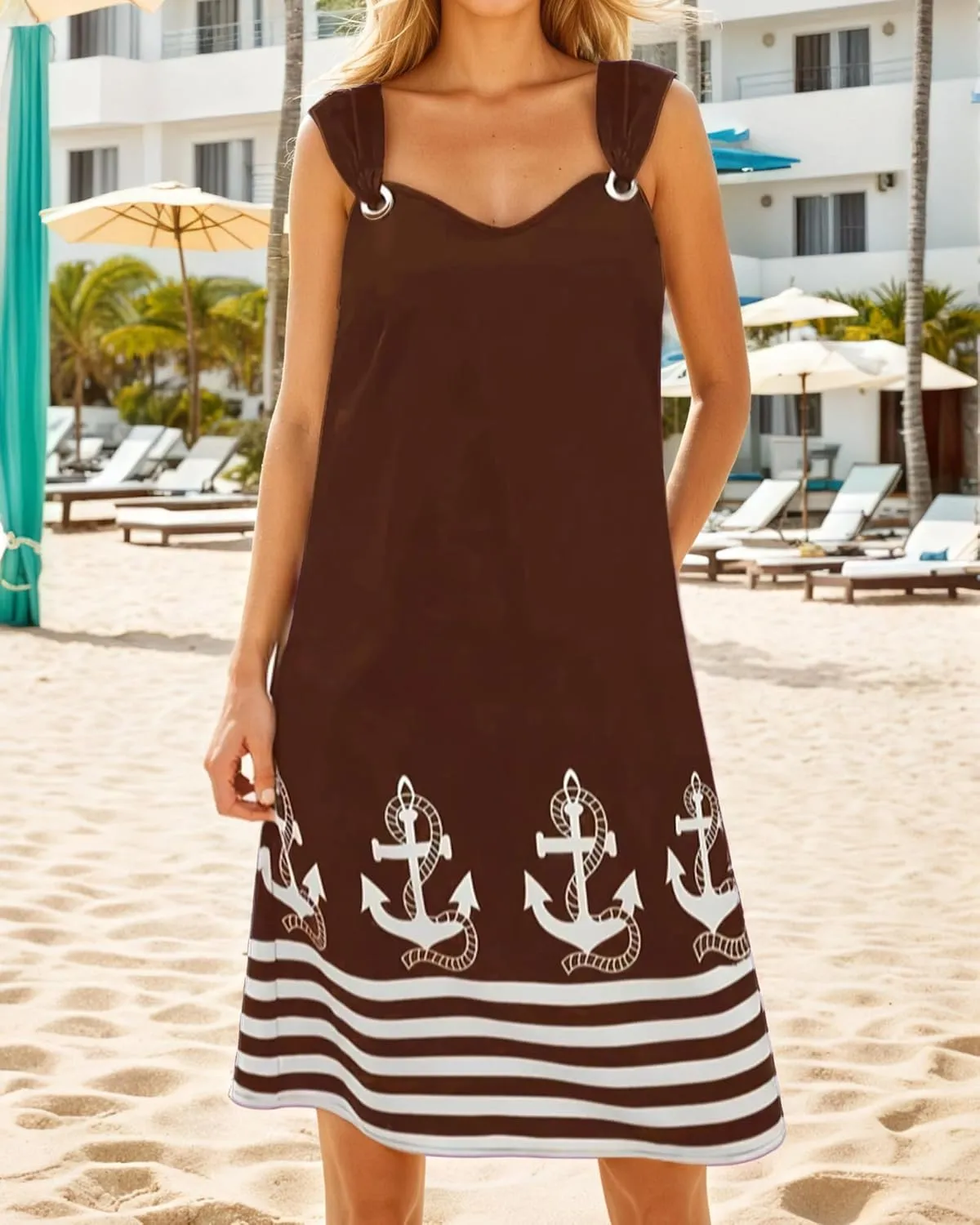 Womens Striped Anchor Tank Dress O Ring Shoulder Sundress Summer V Neck Sleeveless Midi Dresses with Pockets