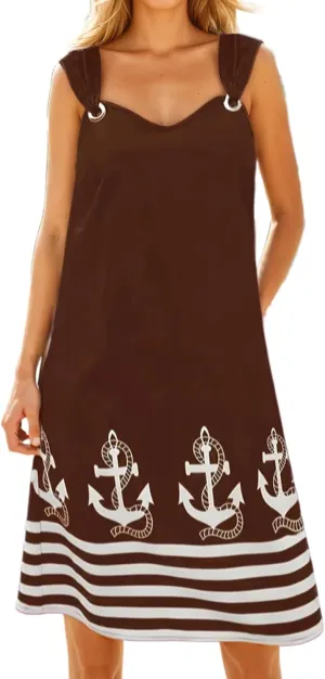 Womens Striped Anchor Tank Dress O Ring Shoulder Sundress Summer V Neck Sleeveless Midi Dresses with Pockets