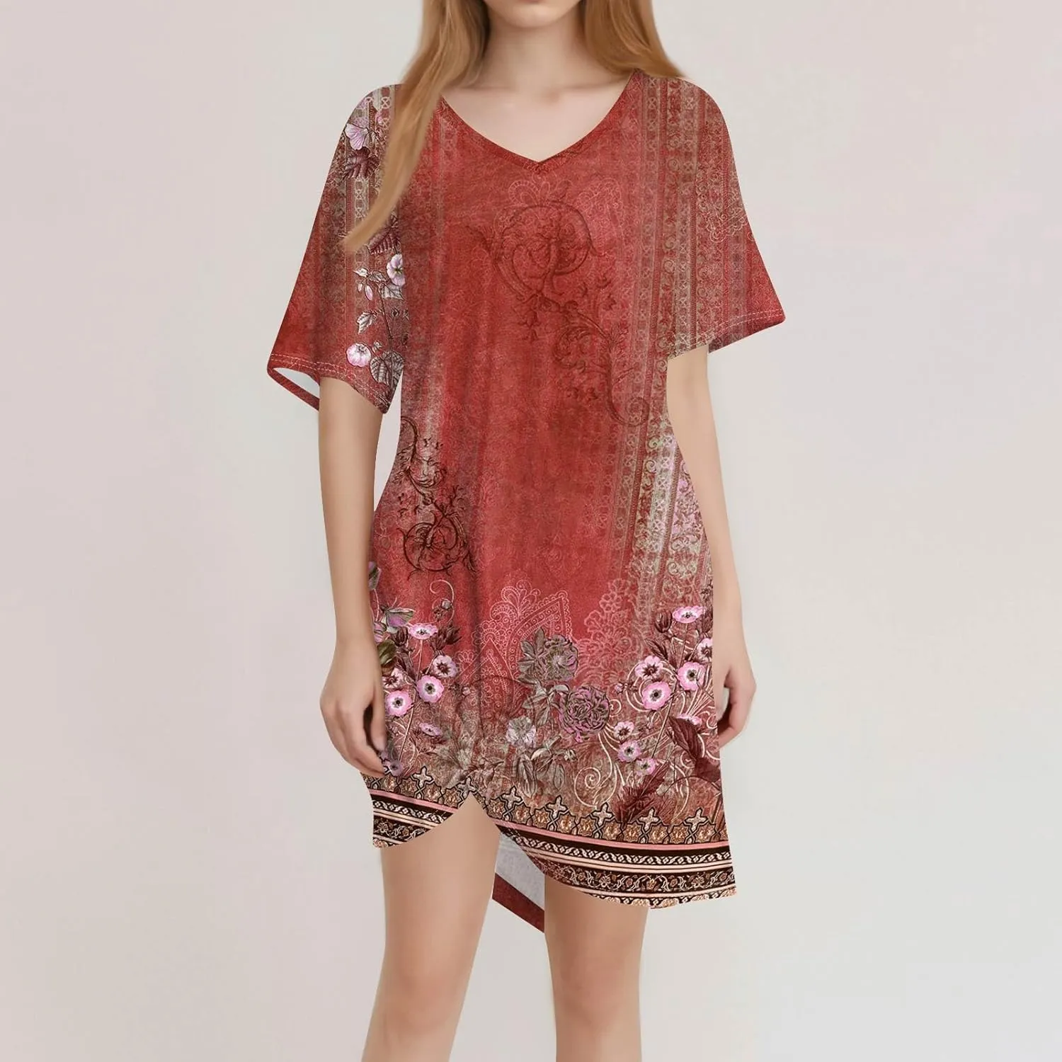 Womens Summer 2025 Casual Basic Dresses Lightweight Short Sleeve Round Neck Elastic Waist Boho Beach Dress