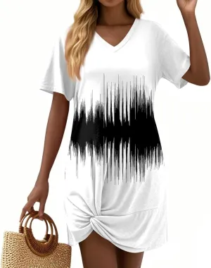 Womens Summer 2025 Casual Basic Dresses Lightweight Short Sleeve Round Neck Elastic Waist Boho Beach Dress
