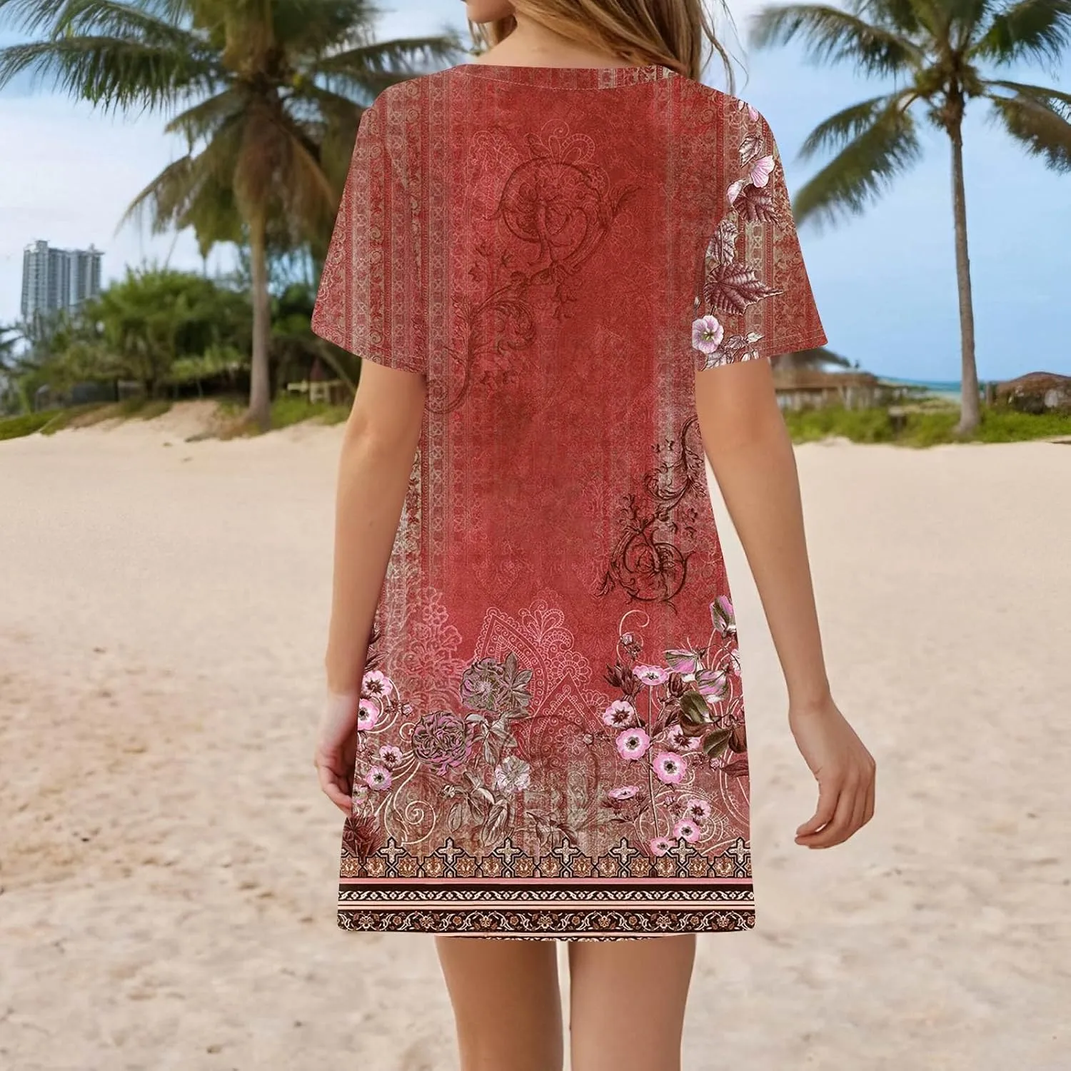 Womens Summer 2025 Casual Basic Dresses Lightweight Short Sleeve Round Neck Elastic Waist Boho Beach Dress