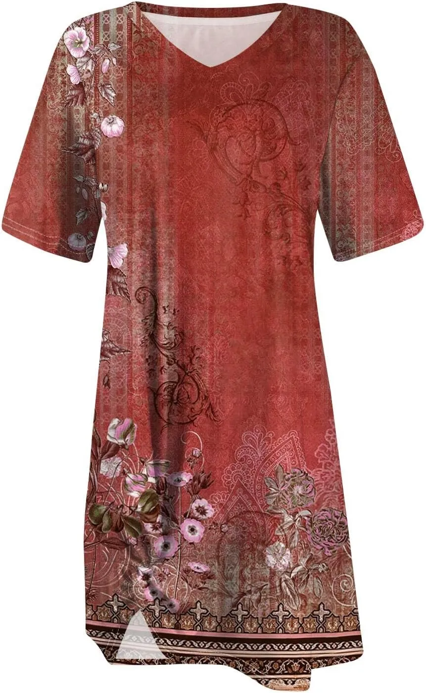 Womens Summer 2025 Casual Basic Dresses Lightweight Short Sleeve Round Neck Elastic Waist Boho Beach Dress