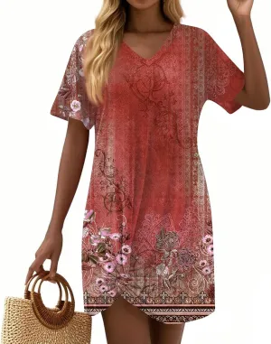 Womens Summer 2025 Casual Basic Dresses Lightweight Short Sleeve Round Neck Elastic Waist Boho Beach Dress