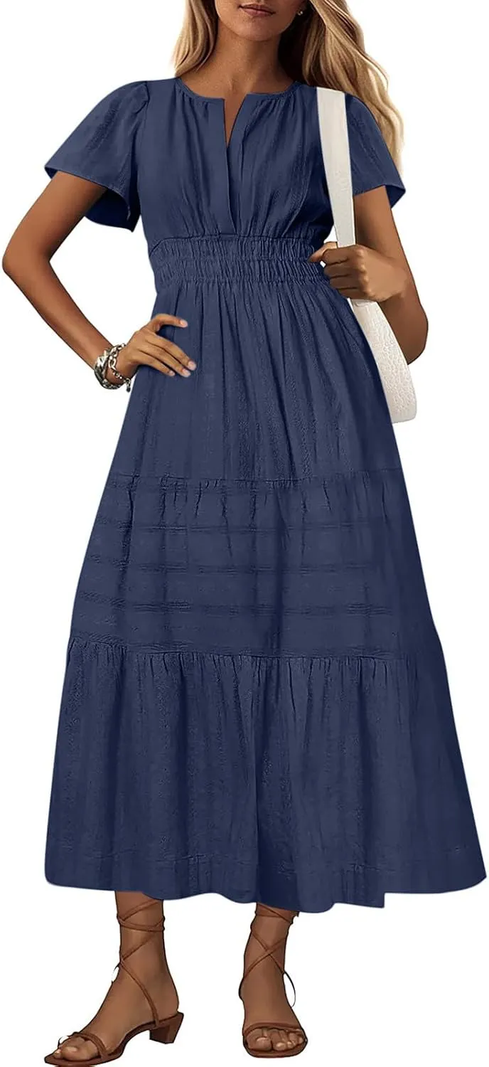 Womens Summer 2025 Casual Midi Dresses Lightweight Short Sleeve V Neck Elastic Waist Boho Beach Dress with Pockets