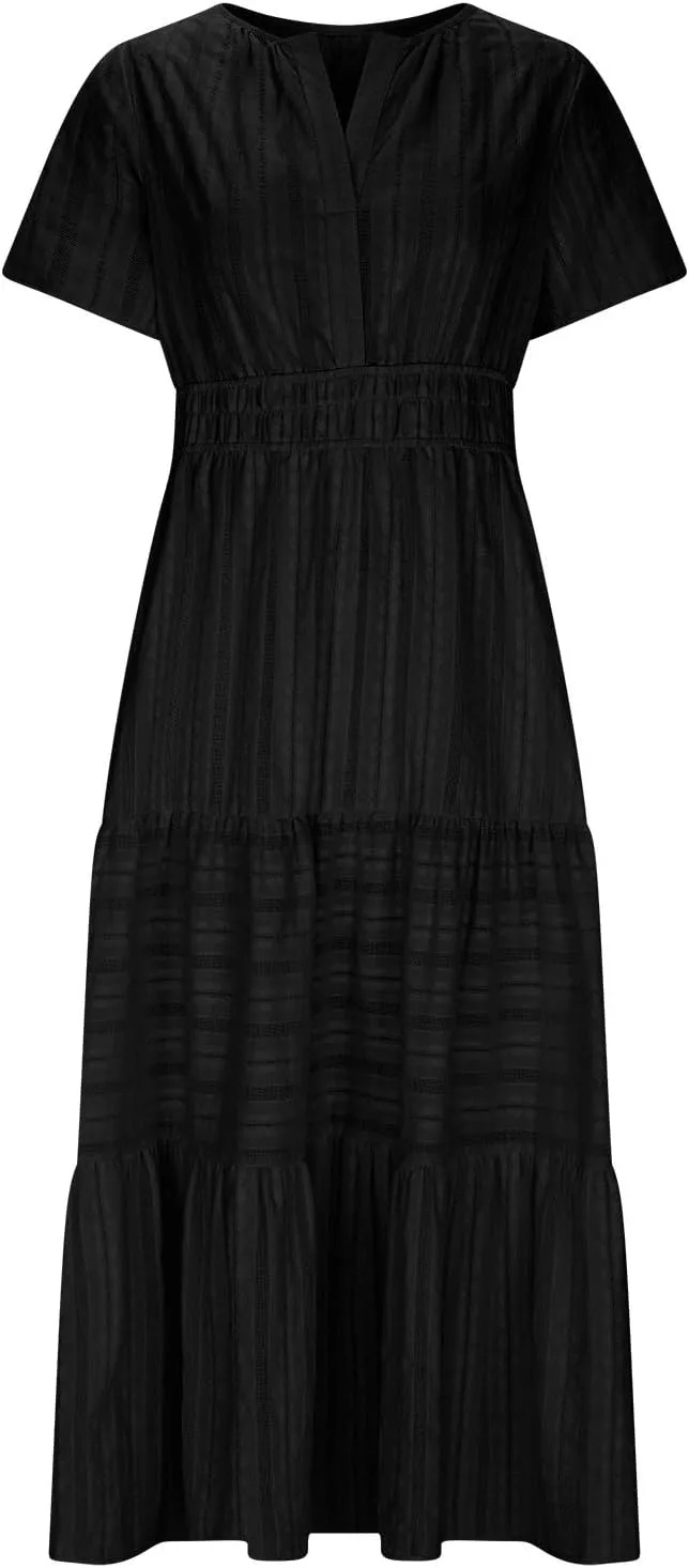 Womens Summer 2025 Casual Midi Dresses Lightweight Short Sleeve V Neck Elastic Waist Boho Beach Dress with Pockets