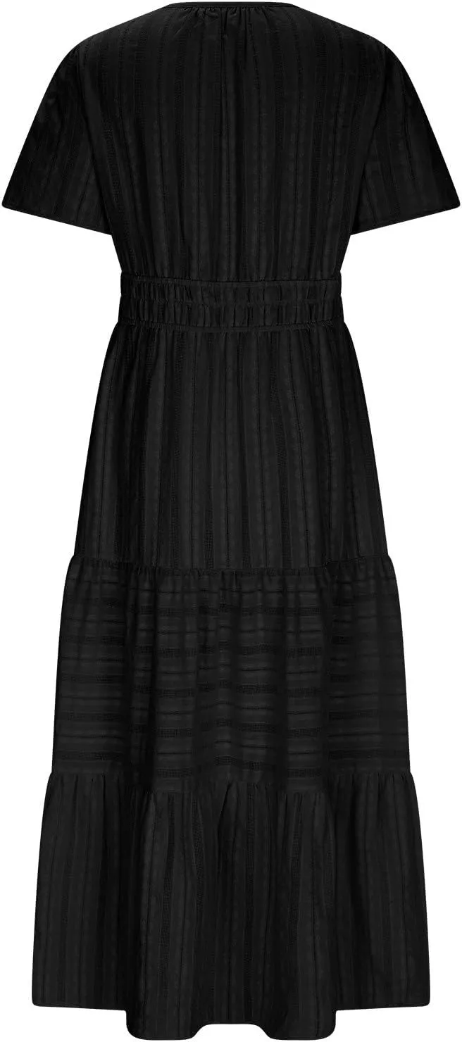 Womens Summer 2025 Casual Midi Dresses Lightweight Short Sleeve V Neck Elastic Waist Boho Beach Dress with Pockets