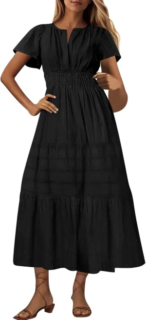 Womens Summer 2025 Casual Midi Dresses Lightweight Short Sleeve V Neck Elastic Waist Boho Beach Dress with Pockets