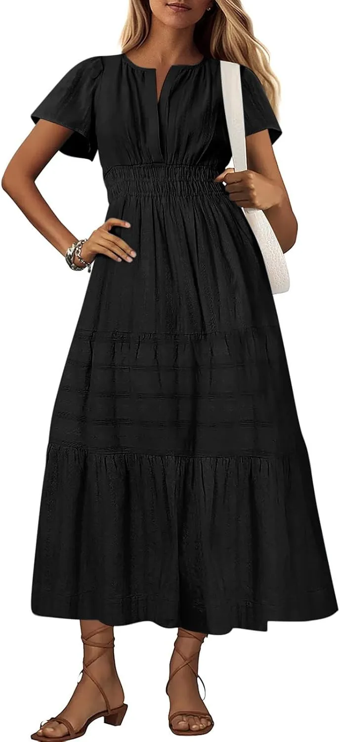 Womens Summer 2025 Casual Midi Dresses Lightweight Short Sleeve V Neck Elastic Waist Boho Beach Dress with Pockets