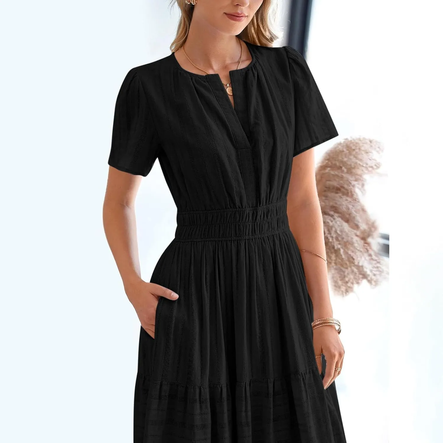 Womens Summer 2025 Casual Midi Dresses Lightweight Short Sleeve V Neck Elastic Waist Boho Beach Dress with Pockets