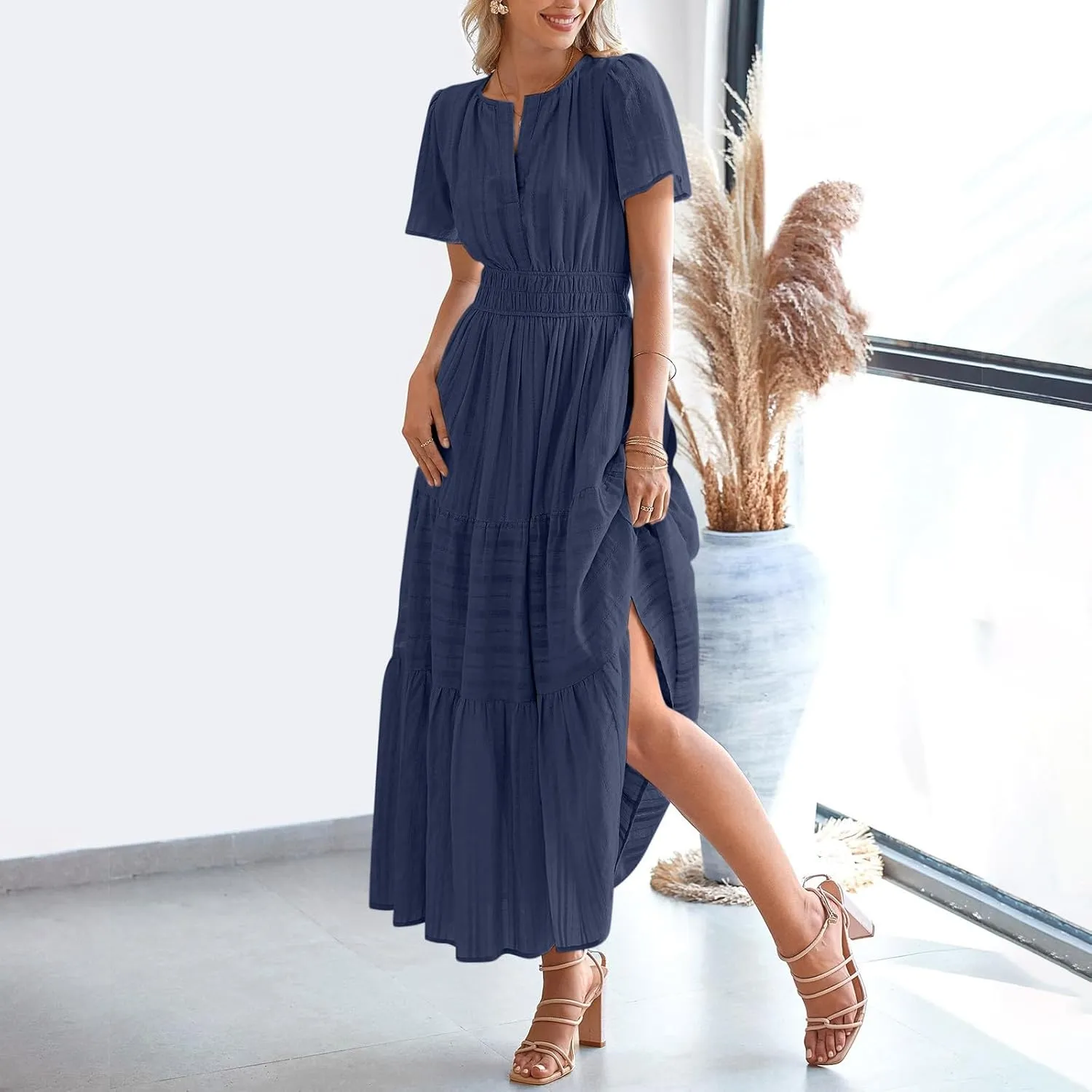 Womens Summer 2025 Casual Midi Dresses Lightweight Short Sleeve V Neck Elastic Waist Boho Beach Dress with Pockets