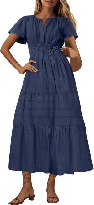 Womens Summer 2025 Casual Midi Dresses Lightweight Short Sleeve V Neck Elastic Waist Boho Beach Dress with Pockets