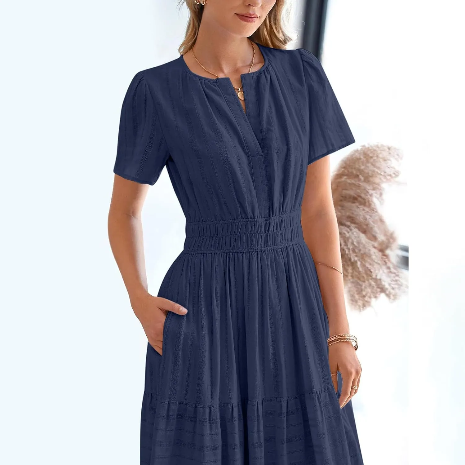 Womens Summer 2025 Casual Midi Dresses Lightweight Short Sleeve V Neck Elastic Waist Boho Beach Dress with Pockets