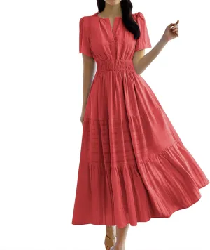 Womens Summer 2025 Casual Midi Maxi Dresses Lightweight Short Sleeve V Neck Elastic Waist Boho Beach Dress Pockets