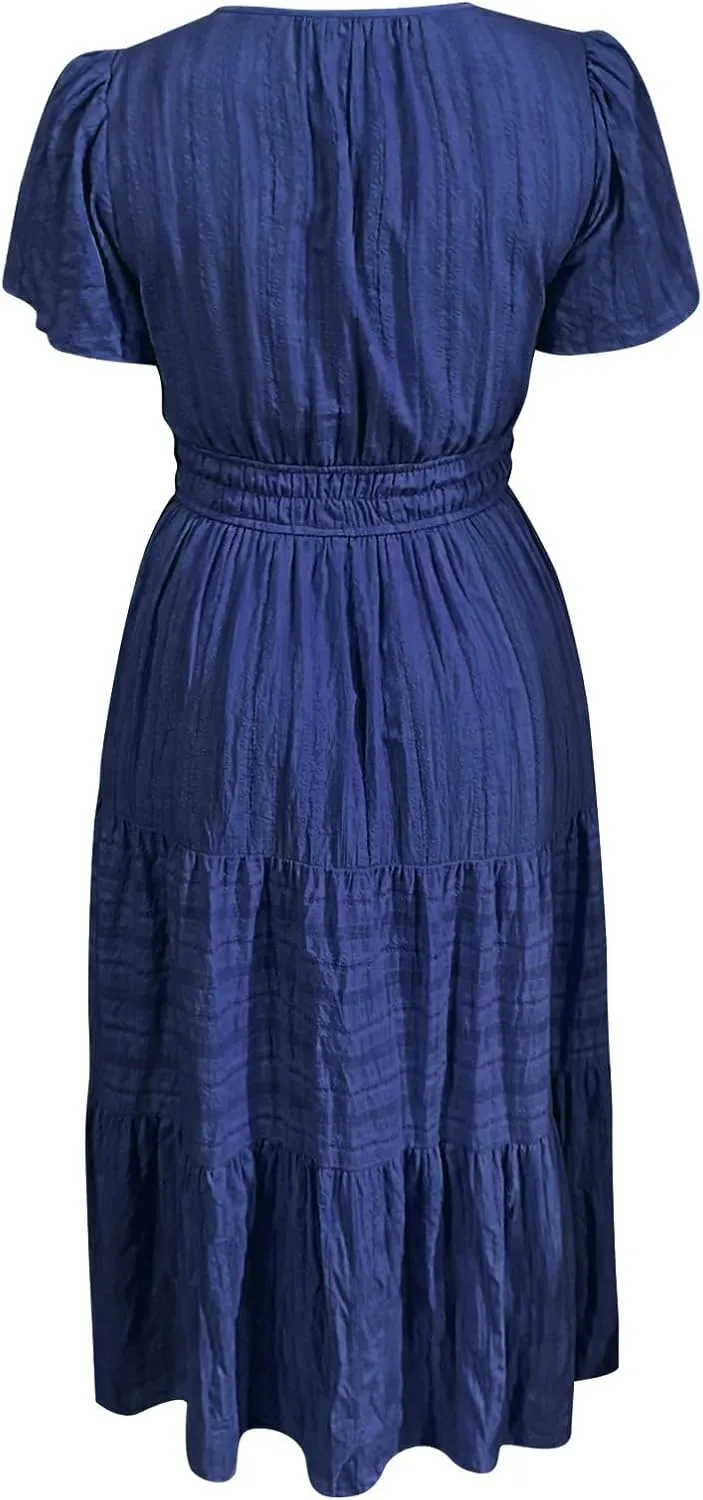 Womens Summer 2025 Casual Midi Maxi Dresses Lightweight Short Sleeve V Neck Elastic Waist Boho Beach Dress Pockets