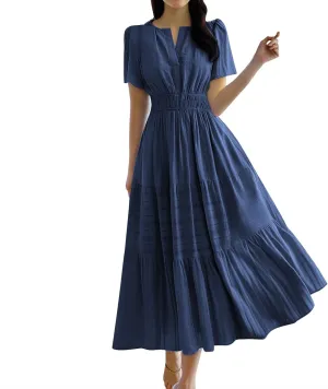 Womens Summer 2025 Casual Midi Maxi Dresses Lightweight Short Sleeve V Neck Elastic Waist Boho Beach Dress Pockets