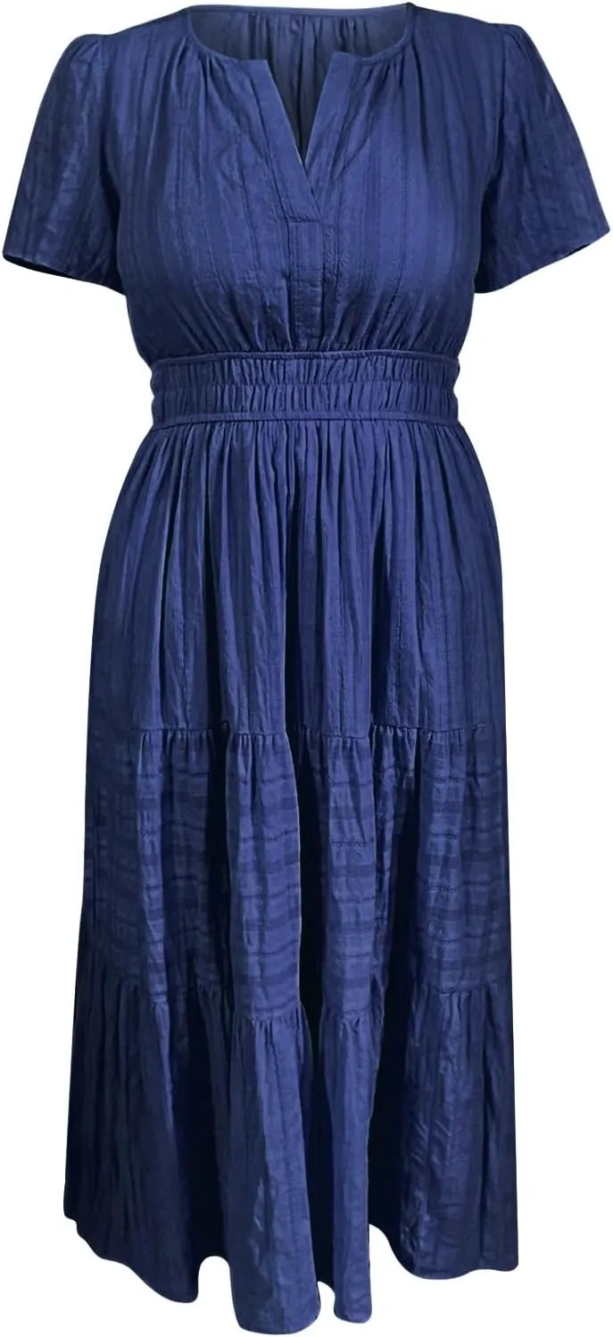 Womens Summer 2025 Casual Midi Maxi Dresses Lightweight Short Sleeve V Neck Elastic Waist Boho Beach Dress Pockets