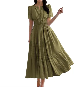 Womens Summer 2025 Casual Midi Maxi Dresses Lightweight Short Sleeve V Neck Elastic Waist Boho Beach Dress Pockets