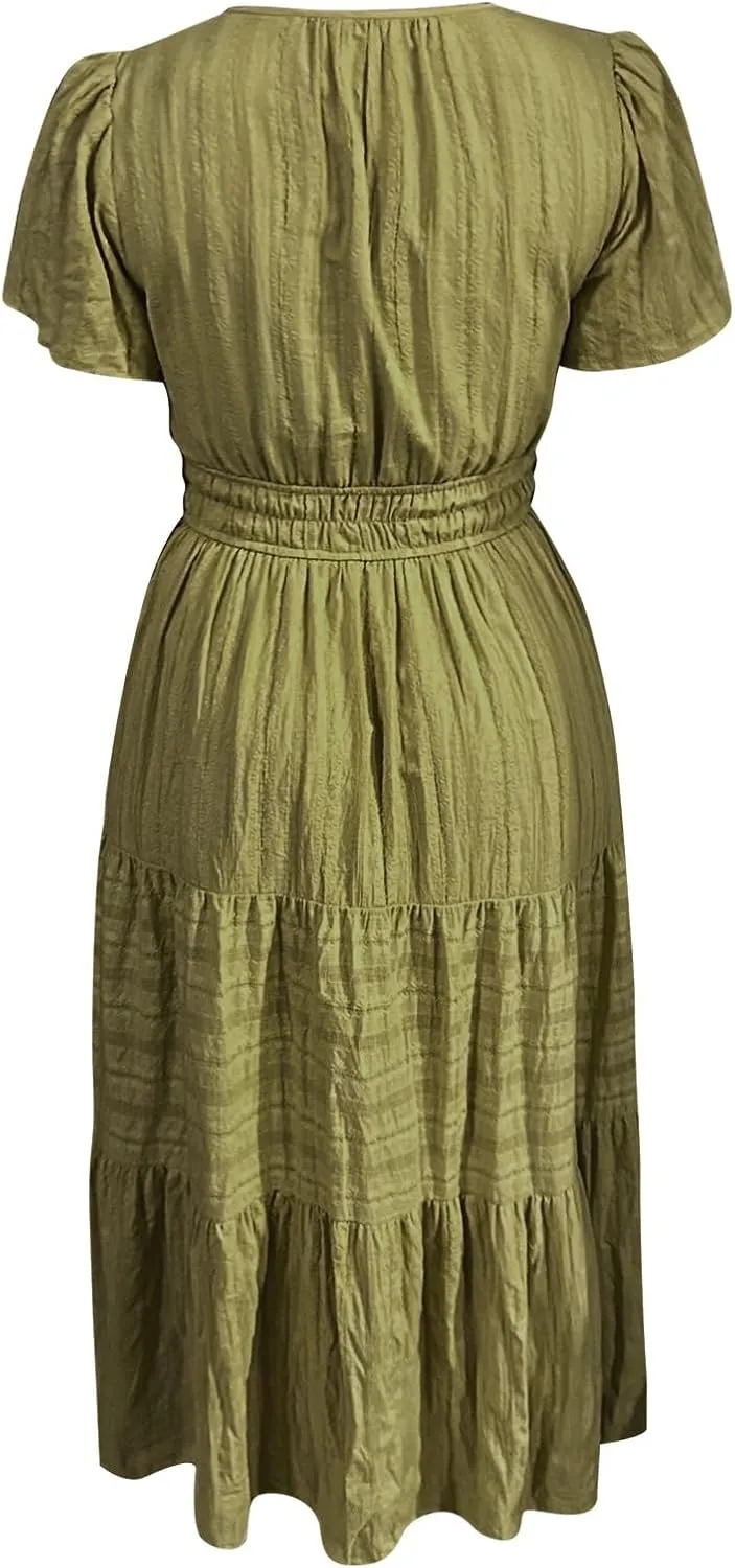 Womens Summer 2025 Casual Midi Maxi Dresses Lightweight Short Sleeve V Neck Elastic Waist Boho Beach Dress Pockets