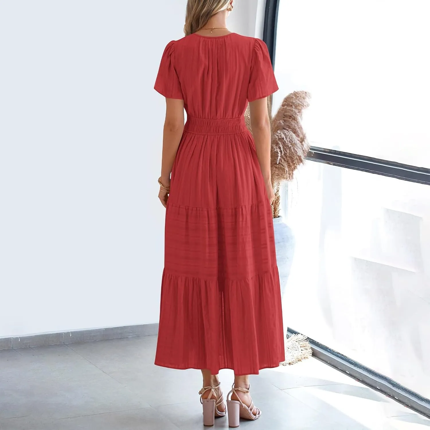 Womens Summer 2025 Casual Midi Maxi Dresses Lightweight Short Sleeve V Neck Elastic Waist Mid Length