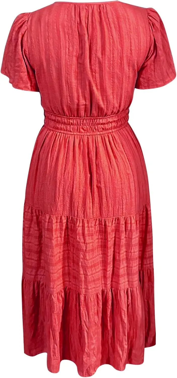 Womens Summer 2025 Casual Midi Maxi Dresses Lightweight Short Sleeve V Neck Elastic Waist Mid Length