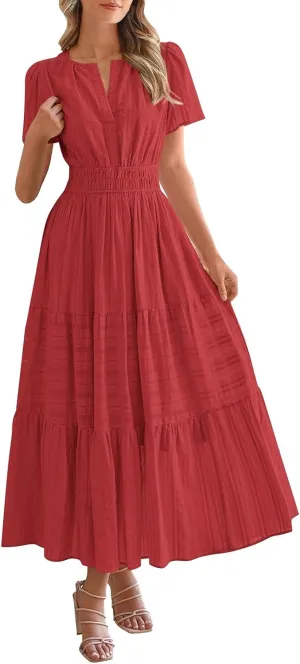 Womens Summer 2025 Casual Midi Maxi Dresses Lightweight Short Sleeve V Neck Elastic Waist Mid Length