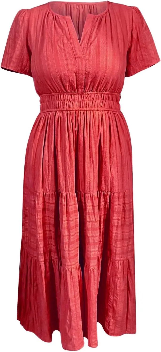 Womens Summer 2025 Casual Midi Maxi Dresses Lightweight Short Sleeve V Neck Elastic Waist Mid Length