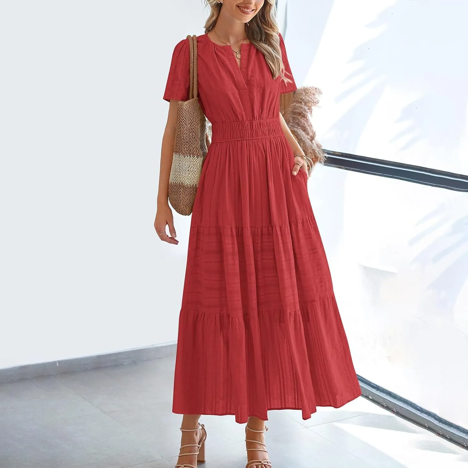 Womens Summer 2025 Casual Midi Maxi Dresses Lightweight Short Sleeve V Neck Elastic Waist Mid Length