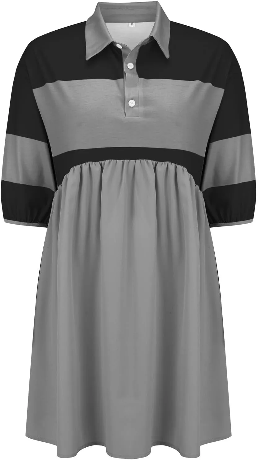 Womens Summer Babydoll Dresses Oversized Casual Short Sleeve Color Block Collared V Neck Flowy Shirt Mini Dress Plus