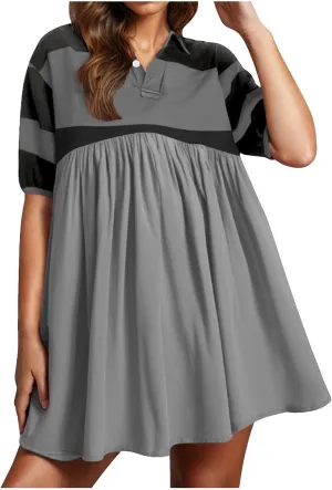 Womens Summer Babydoll Dresses Oversized Casual Short Sleeve Color Block Collared V Neck Flowy Shirt Mini Dress Plus