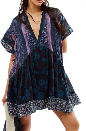 Womens Summer Boho Floral Mini Dresses Deep V Neck Short Sleeve Ruffle Flowy Babydoll Dress with Pockets