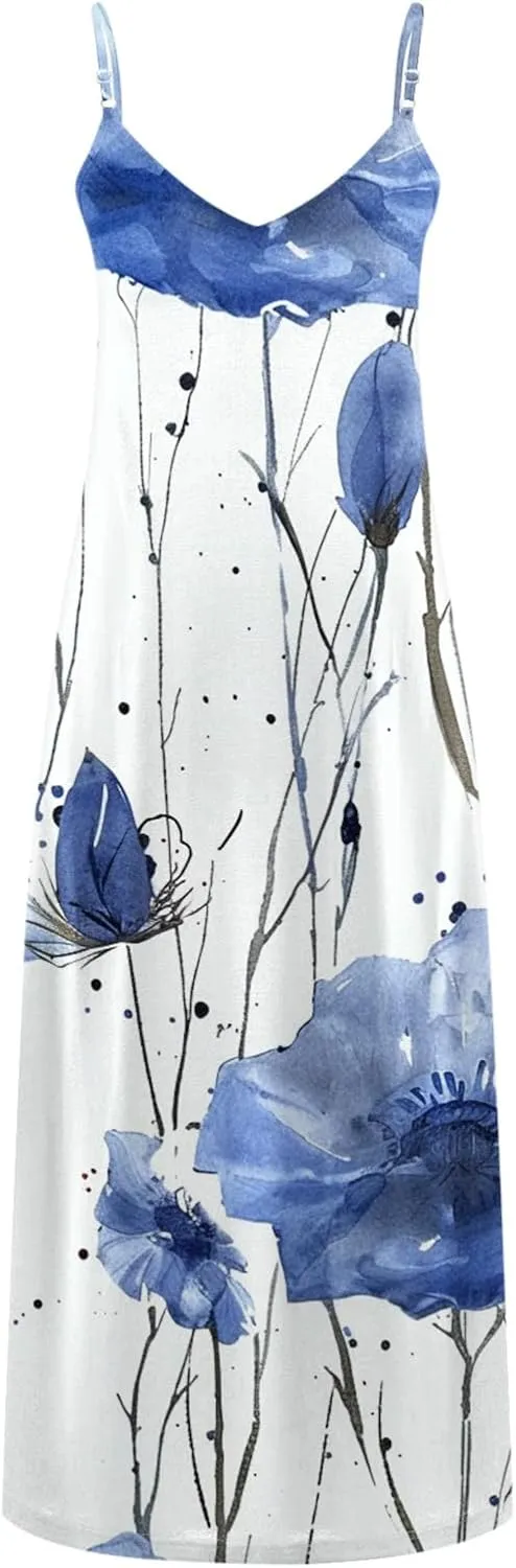 Womens Summer Boho Maxi Dress Spaghetti Strap V-neck Long Sundresses Beach Floral Sexy Loose Flowy Trendy Dresses