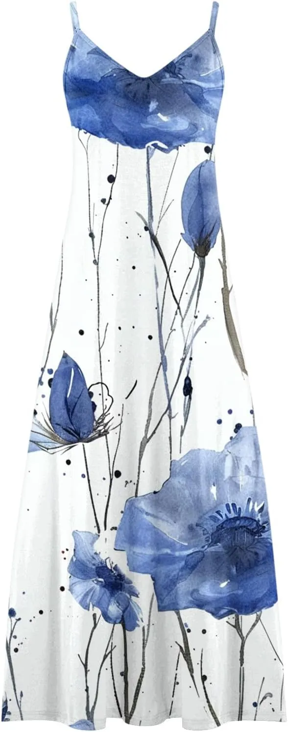Womens Summer Boho Maxi Dress Spaghetti Strap V-neck Long Sundresses Beach Floral Sexy Loose Flowy Trendy Dresses